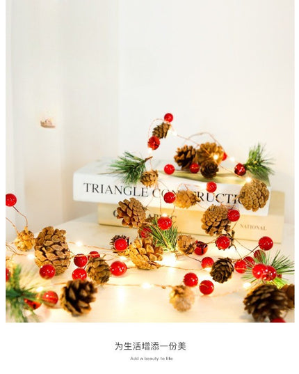 Instalatie Craciun cu baterii, 2 metri, 20 LED-uri tip Ace, conuri de pin si clopotei