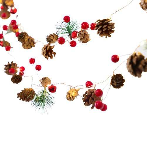 Instalatie Craciun cu baterii, 2 metri, 20 LED-uri tip Ace, conuri de pin si clopotei