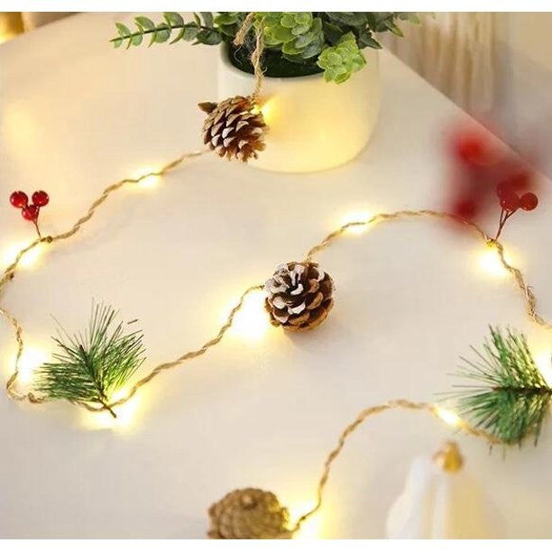 Instalatie Craciun cu baterii, 2 metri, 20 LED-uri tip ace si conuri de pin simple