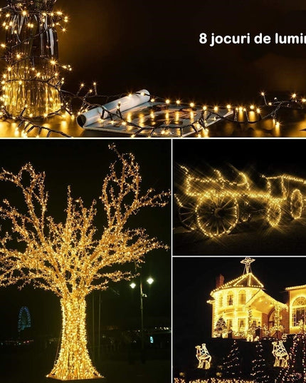Instalatie de Craciun liniara Yoto,din care cablu priza 220V, 100 LED, 8 jocuri de lumini, beculet in 6 colturi, pentru interior, controler, fir