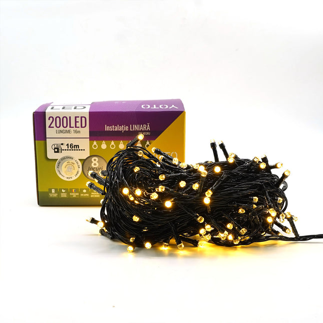 Instalatie de Craciun liniara Yoto,din care cablu priza 220V, 200 LED, 8 jocuri de lumini, beculet in 6 colturi, pentru interior, controler, fir