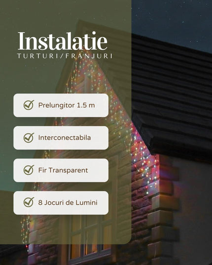 Instalatie Craciun Yoto, Tip Franjuri/Turturi,300 LED-uri, Prelungitor , 8 Jocuri de Lumini, Interconectabila, Conectare la Retea, Fir