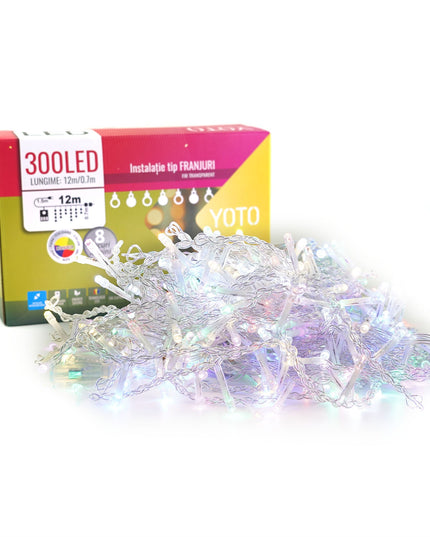 Instalatie Craciun Yoto, Tip Franjuri/Turturi,300 LED-uri, Prelungitor , 8 Jocuri de Lumini, Interconectabila, Conectare la Retea, Fir