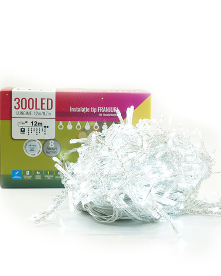 Instalatie Craciun Yoto, Tip Franjuri/Turturi,300 LED-uri, Prelungitor , 8 Jocuri de Lumini, Interconectabila, Conectare la Retea, Fir