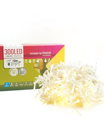 Instalatie Craciun Yoto, Tip Franjuri/Turturi,300 LED-uri, Prelungitor , 8 Jocuri de Lumini, Interconectabila, Conectare la Retea, Fir