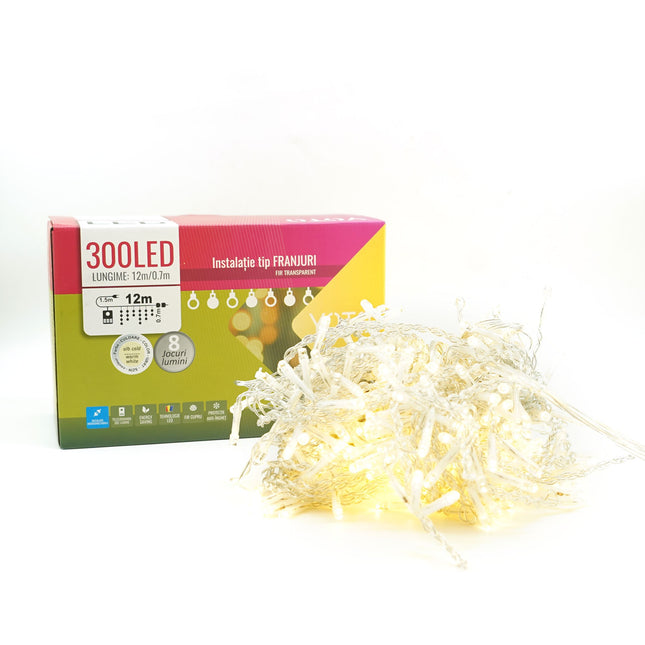 Instalatie Craciun Yoto, Tip Franjuri/Turturi,300 LED-uri, Prelungitor , 8 Jocuri de Lumini, Interconectabila, Conectare la Retea, Fir