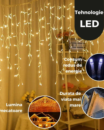 Instalatie Craciun Yoto, Tip Franjuri/Turturi,300 LED-uri, Prelungitor , 8 Jocuri de Lumini, Interconectabila, Conectare la Retea, Fir