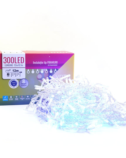 Instalatie Craciun Yoto, Tip Franjuri/Turturi,300 LED-uri, Prelungitor , 8 Jocuri de Lumini, Interconectabila, Conectare la Retea, Fir