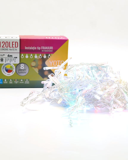 Instalatie Craciun Yoto, Tip Franjuri/Turturi,120 LED-uri, Prelungitor , 8 Jocuri de Lumini, Interconectabila, Conectare la Retea, Fir