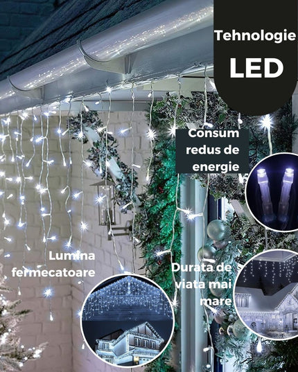 Instalatie Craciun Yoto, Tip Franjuri/Turturi,120 LED-uri, Prelungitor , 8 Jocuri de Lumini, Interconectabila, Conectare la Retea, Fir