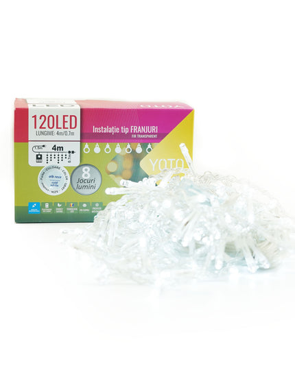 Instalatie Craciun Yoto, Tip Franjuri/Turturi,120 LED-uri, Prelungitor , 8 Jocuri de Lumini, Interconectabila, Conectare la Retea, Fir