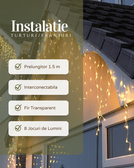 Instalatie Craciun Yoto, Tip Franjuri/Turturi,120 LED-uri, Prelungitor , 8 Jocuri de Lumini, Interconectabila, Conectare la Retea, Fir