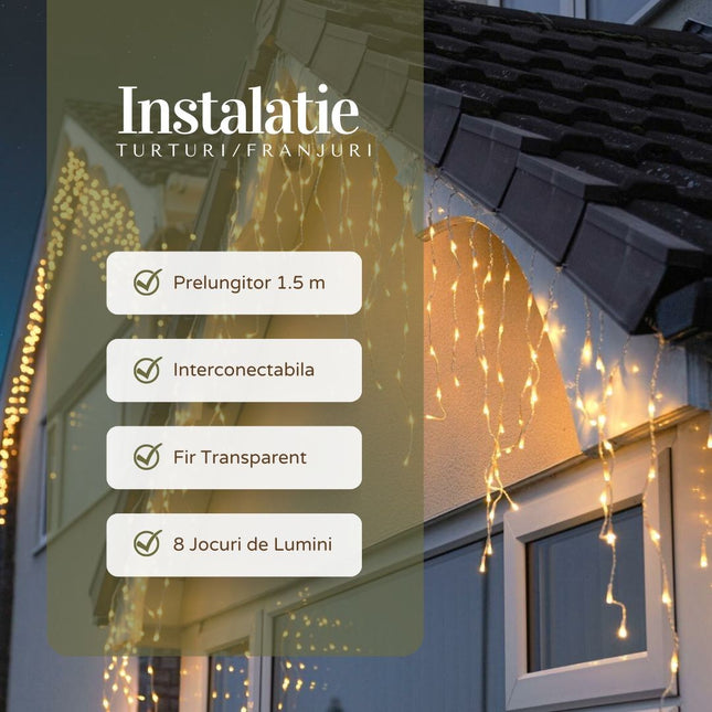 Instalatie Craciun Yoto, Tip Franjuri/Turturi,120 LED-uri, Prelungitor , 8 Jocuri de Lumini, Interconectabila, Conectare la Retea, Fir