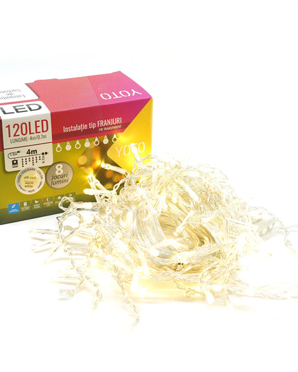 Instalatie Craciun Yoto, Tip Franjuri/Turturi,120 LED-uri, Prelungitor , 8 Jocuri de Lumini, Interconectabila, Conectare la Retea, Fir