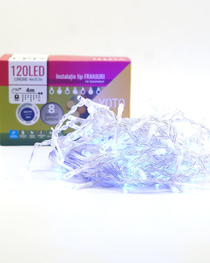 Instalatie Craciun Yoto, Tip Franjuri/Turturi,120 LED-uri, Prelungitor , 8 Jocuri de Lumini, Interconectabila, Conectare la Retea, Fir