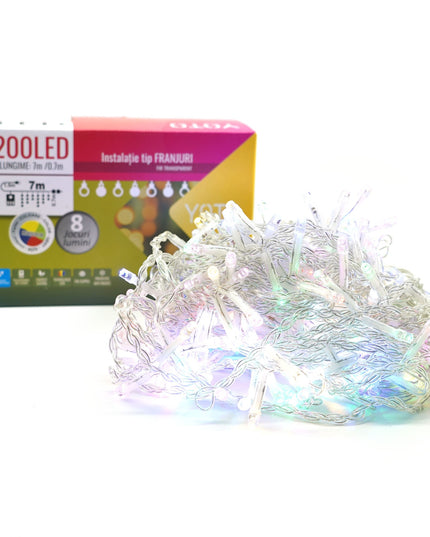 Instalatie Craciun Yoto, Tip Franjuri/Turturi,200 LED-uri, Prelungitor , 8 Jocuri de Lumini, Interconectabila, Conectare la Retea, Fir