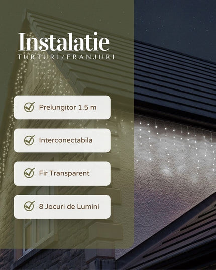 Instalatie Craciun Yoto, Tip Franjuri/Turturi,200 LED-uri, Prelungitor , 8 Jocuri de Lumini, Interconectabila, Conectare la Retea, Fir
