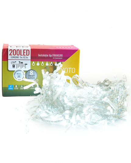 Instalatie Craciun Yoto, Tip Franjuri/Turturi,200 LED-uri, Prelungitor , 8 Jocuri de Lumini, Interconectabila, Conectare la Retea, Fir