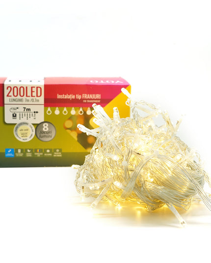 Instalatie Craciun Yoto, Tip Franjuri/Turturi,200 LED-uri, Prelungitor , 8 Jocuri de Lumini, Interconectabila, Conectare la Retea, Fir