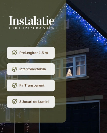 Instalatie Craciun Yoto, Tip Franjuri/Turturi,200 LED-uri, Prelungitor , 8 Jocuri de Lumini, Interconectabila, Conectare la Retea, Fir