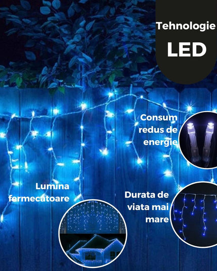 Instalatie Craciun Yoto, Tip Franjuri/Turturi,200 LED-uri, Prelungitor , 8 Jocuri de Lumini, Interconectabila, Conectare la Retea, Fir