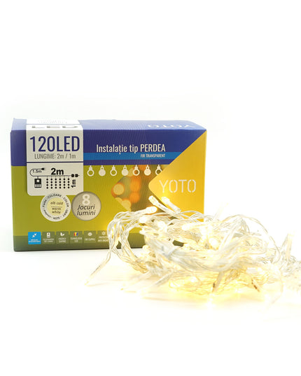 Instalatie Craciun Yoto, Tip Perdea, x , 120 LED-uri, Prelungitor , 8 Jocuri de Lumini, Interconectabila, Fir