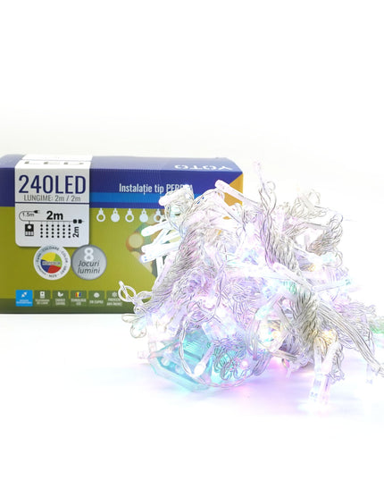 Instalatie Craciun Yoto, Tip Perdea, x , 240 LED-uri, Prelungitor , 8 Jocuri de Lumini, Interconectabila, Fir