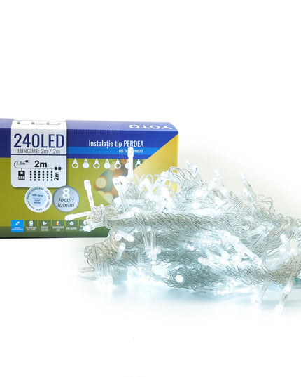 Instalatie Craciun Yoto, Tip Perdea, x , 240 LED-uri, Prelungitor , 8 Jocuri de Lumini, Interconectabila, Fir