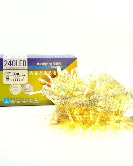 Instalatie Craciun Yoto, Tip Perdea, x , 240 LED-uri, Prelungitor , 8 Jocuri de Lumini, Interconectabila, Fir