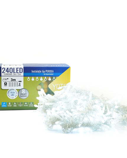 Instalatie Craciun Yoto, Tip Perdea, x , 240 LED-uri, Prelungitor , 8 Jocuri de Lumini, Interconectabila, Fir