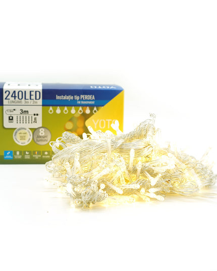 Instalatie Craciun Yoto, Tip Perdea, x , 240 LED-uri, Prelungitor , 8 Jocuri de Lumini, Interconectabila, Fir