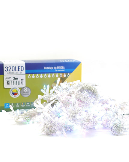 Instalatie Craciun Yoto, Tip Perdea, x , 320 LED-uri, Prelungitor , 8 Jocuri de Lumini, Interconectabila, Fir
