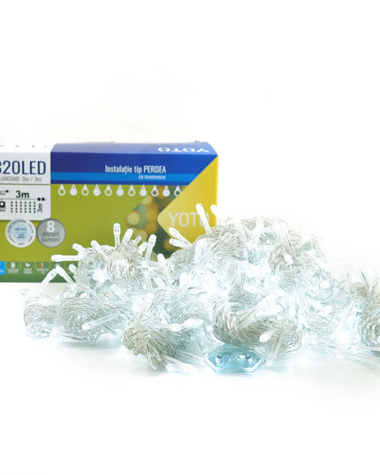 Instalatie Craciun Yoto, Tip Perdea, x , 320 LED-uri, Prelungitor , 8 Jocuri de Lumini, Interconectabila, Fir