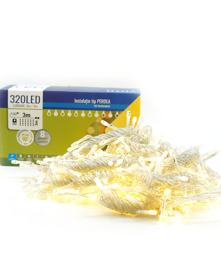 Instalatie Craciun Yoto, Tip Perdea, x , 320 LED-uri, Prelungitor , 8 Jocuri de Lumini, Interconectabila, Fir