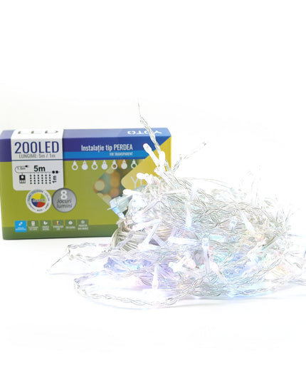 Instalatie Craciun Yoto, Tip Perdea, x , 200 LED-uri, Prelungitor , 8 Jocuri de Lumini, Interconectabila, Fir