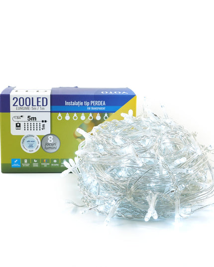 Instalatie Craciun Yoto, Tip Perdea, x , 200 LED-uri, Prelungitor , 8 Jocuri de Lumini, Interconectabila, Fir
