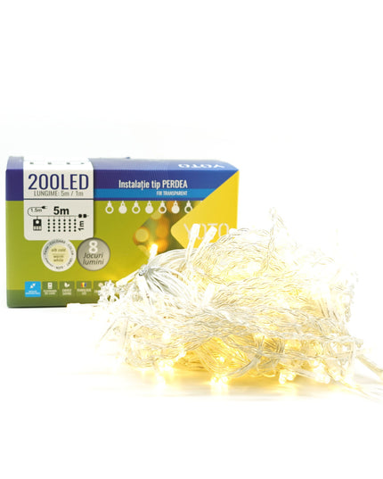 Instalatie Craciun Yoto, Tip Perdea, x , 200 LED-uri, Prelungitor , 8 Jocuri de Lumini, Interconectabila, Fir