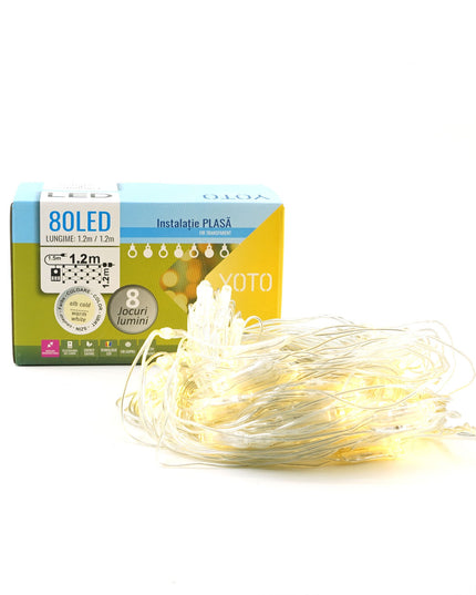 Instalatie Craciun Yoto, Tip Plasa, x , 80 LED-uri, Prelungitor , 8 Jocuri de Lumini, Interconectabila, Fir