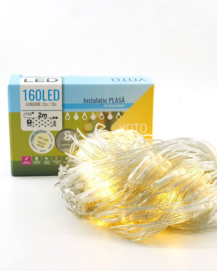 Instalatie Craciun Yoto, Tip Plasa, x , 160 LED-uri, Prelungitor , 8 Jocuri de Lumini, Interconectabila, Fir