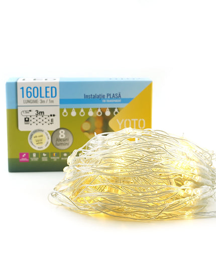 Instalatie Craciun Yoto, Tip Plasa, x , 160 LED-uri, Prelungitor , 8 Jocuri de Lumini, Interconectabila, Fir