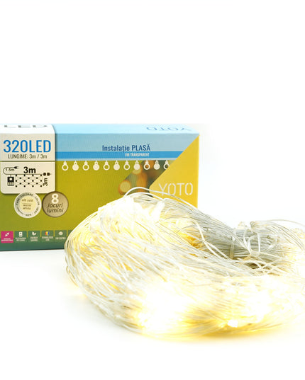 Instalatie Craciun Yoto, Tip Plasa, x , 320 LED-uri, Prelungitor , 8 Jocuri de Lumini, Interconectabila, Fir