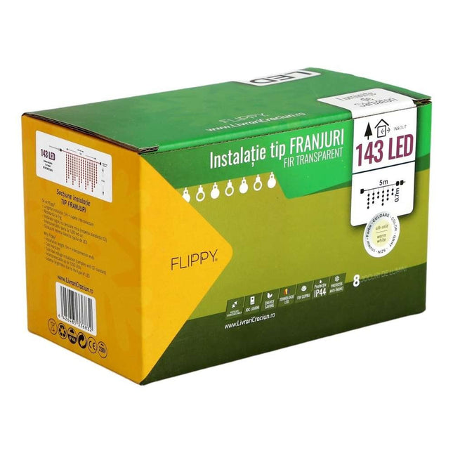 Instalatie de Craciun ® Tip Franjuri, 8 jocuri de lumini cu transformator,143 LED-uri, Interconectabila, Fir