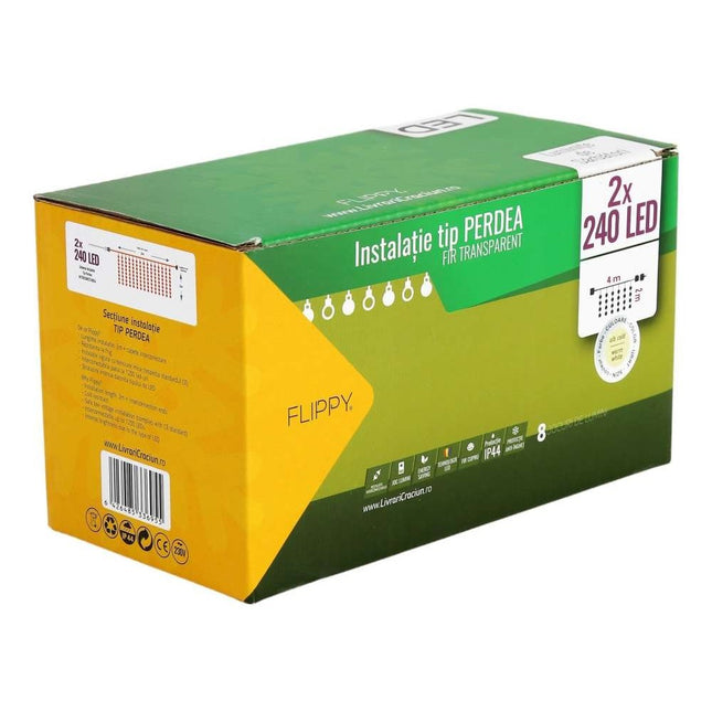 Instalatie de Craciun ® Tip Perdea, 8 jocuri de lumini cu transformator, x , 480 LED-uri, Interconectabila, Fir