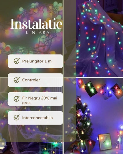 Instalatie de Craciun Liniara RGRB Yoto,din care Prelungitor 220V, 40 LED, Bilute Mate, Interconectabila, Utilizare Interior/Exterior, Fir