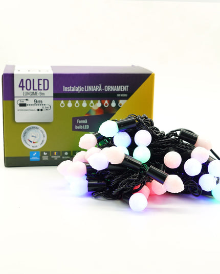Instalatie de Craciun Liniara RGRB Yoto,din care Prelungitor 220V, 40 LED, Bilute Mate, Interconectabila, Utilizare Interior/Exterior, Fir