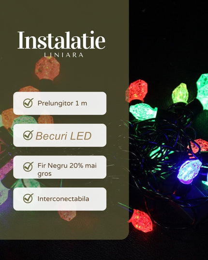 Instalatie de Craciun Liniara RGRB Yoto,din care Prelungitor 220V, 40 LED, Model Anise, Utilizare Interior/Exterior, Interconectabila, Fir