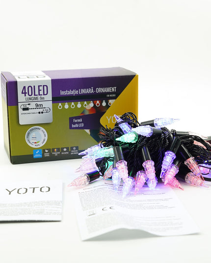Instalatie de Craciun Liniara RGRB Yoto,din care Prelungitor 220V, 40 LED, Model Brazi, Utilizare Interior/Exterior, Interconectabila, Fir