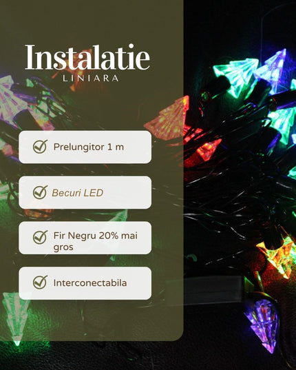 Instalatie de Craciun Liniara RGRB Yoto,din care Prelungitor 220V, 40 LED, Model Brazi, Utilizare Interior/Exterior, Interconectabila, Fir
