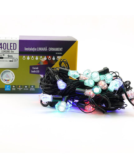 Instalatie de Craciun Liniara RGRB Yoto,din care Prelungitor 220V, 40 LED, Model Diamante, Utilizare Interior/Exterior, Interconectabila, Fir