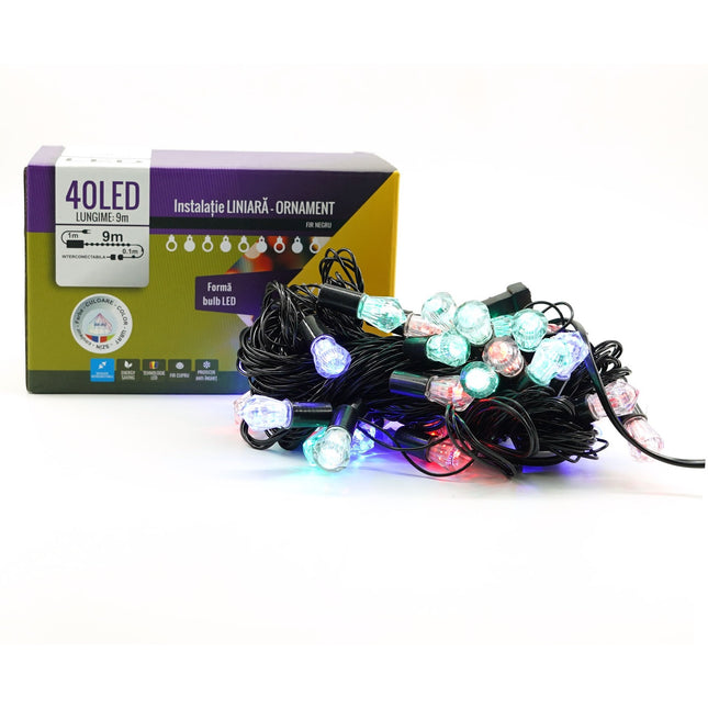 Instalatie de Craciun Liniara RGRB Yoto,din care Prelungitor 220V, 40 LED, Model Diamante, Utilizare Interior/Exterior, Interconectabila, Fir